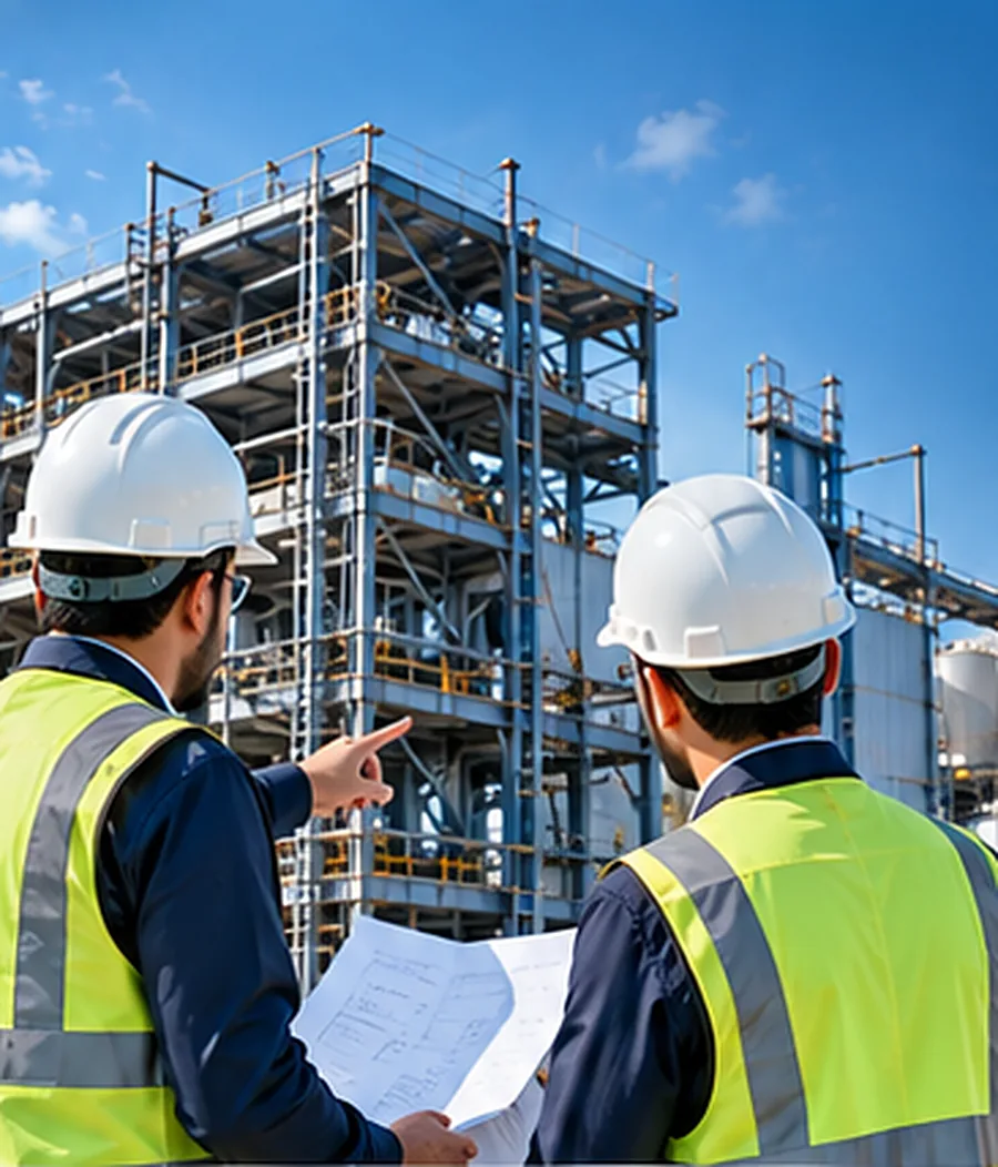 مهندسان يراجعان المخططات في موقع صناعي